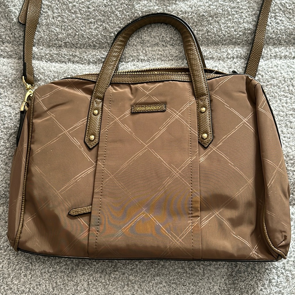 Light brown vinyl and leather vera Bradley satchel with shoulder strap